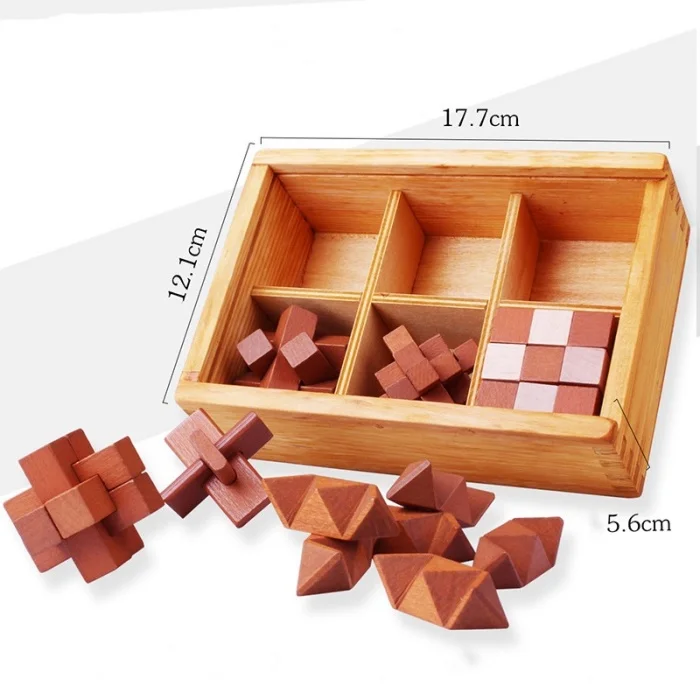 6-in-One 3D Luxury Wooden Brain Puzzle Teaser Kongming Lock for Teens and Adults Includes Storage Box