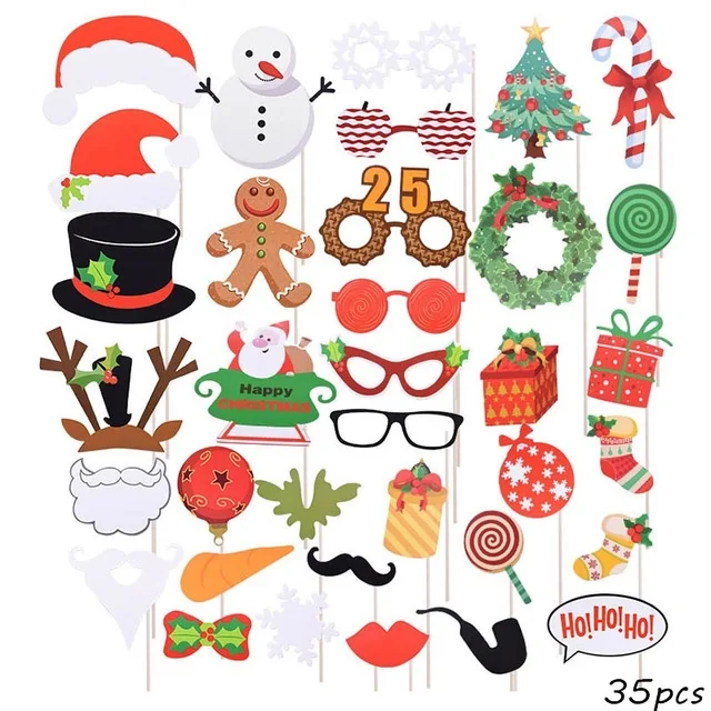 Christmas Party Decoration Photo Booth Props 35Pieces DIY Kits Dress-up Decoration Christmas Party Supplies