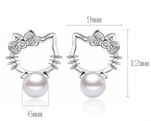 Cute Natural Pearl Hello Kitty Cat Stud Earring Jewelry Silver Plated 18K White Gold Hello Kate Cat Earrings for Baby Girl