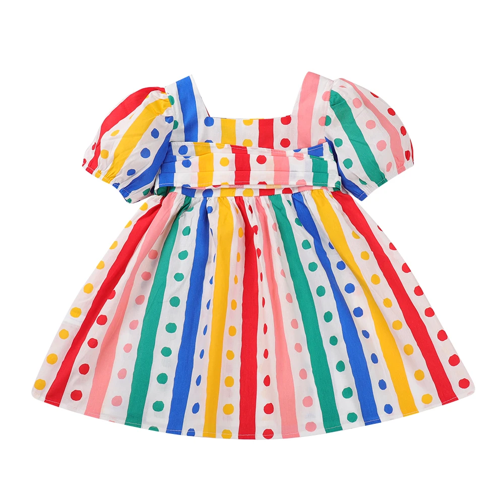 Bear Leader Girls Polka Dot Rainbow Bubble Sleeve Princess Dresses Sweet Candy Colorful Dress 3-7 Years Old Children
