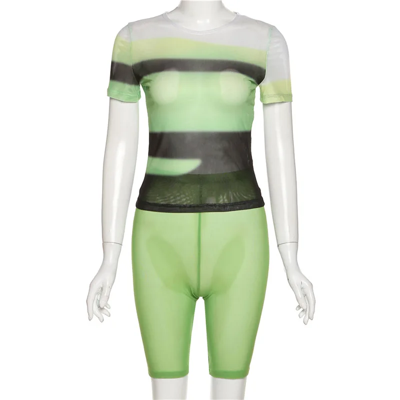 MD-2022061310    casual fashion short sleeve mesh printed top and shorts woman two piece set clothing