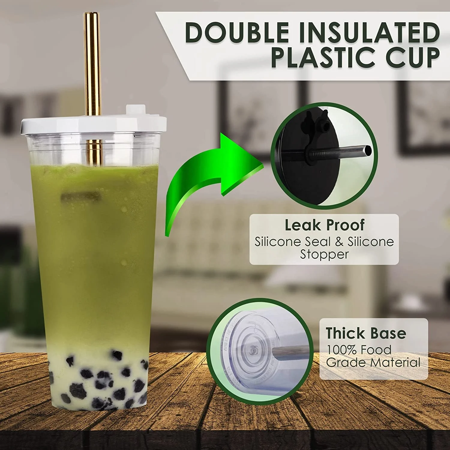 16oz cold hot drinks bpa free double wall plastic reusable cups bubble tea tumbler with lids