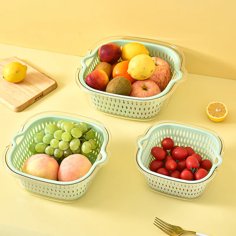Home kitchen double-layer multi-functional vegetable and fruit washing basket PET  plastic drain basket with handle