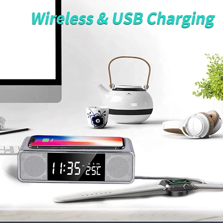 
Alarm Clock Bedside Non Ticking LCD Alarm Clock with USB Output & Wireless Charging, BT Speaker and FM Radio 