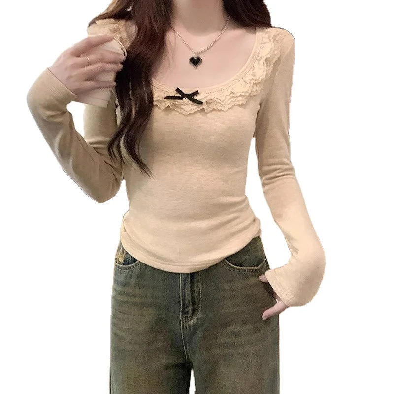 Spring and Autumn High Quality U-Neck Sexy Underlay T-shirt for Women with Lace Splicing Waist Closure Inner Layup with Clothes