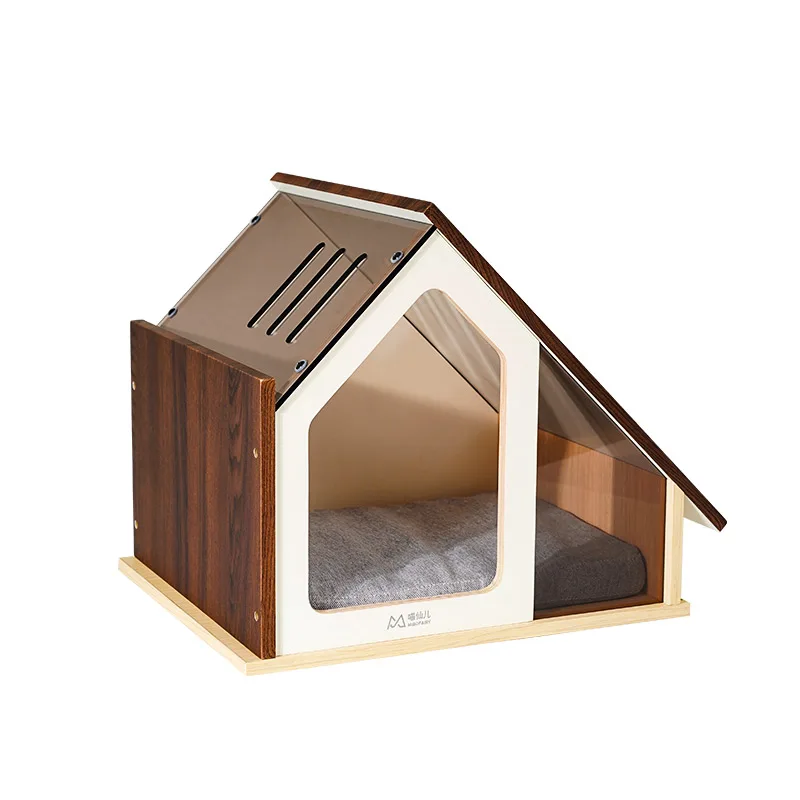 Wooden indoor cat pet house with window. Dog cat bed, modern furniture, kennel crate