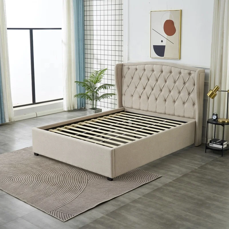 Wholesale Linen Fabric European Design Straight wooden Slats Mink Color Double Queen King Size Upholstered Platform Beds Frame