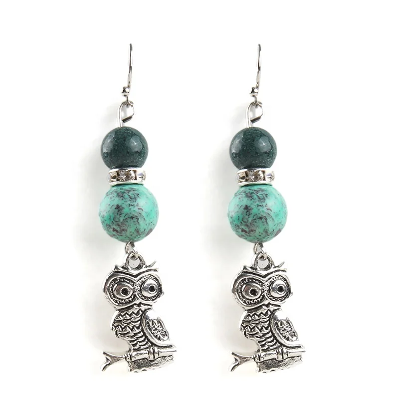JH Wholesale Beautiful Women Jewelry Natural Stone Beads  Alloy Witch Wing  Turtle Owl Charm Earring