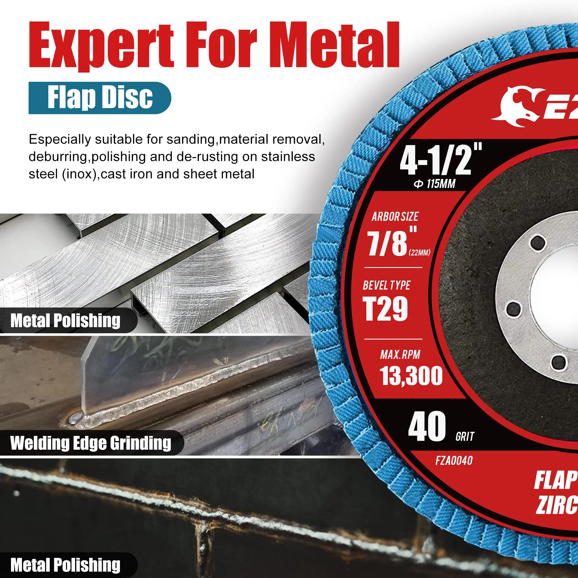 Flap Discs 40 Grit, 4 1/2 x 7/8-Inch Flap Sanding Disc, Type 29 Zirconia Grinding Wheel for Stainless Steel, Sheet Metal (10 Pac