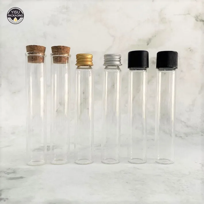custom transparent glass tube with plastic child resistant plastic screw lid glass test tube with cork cap
