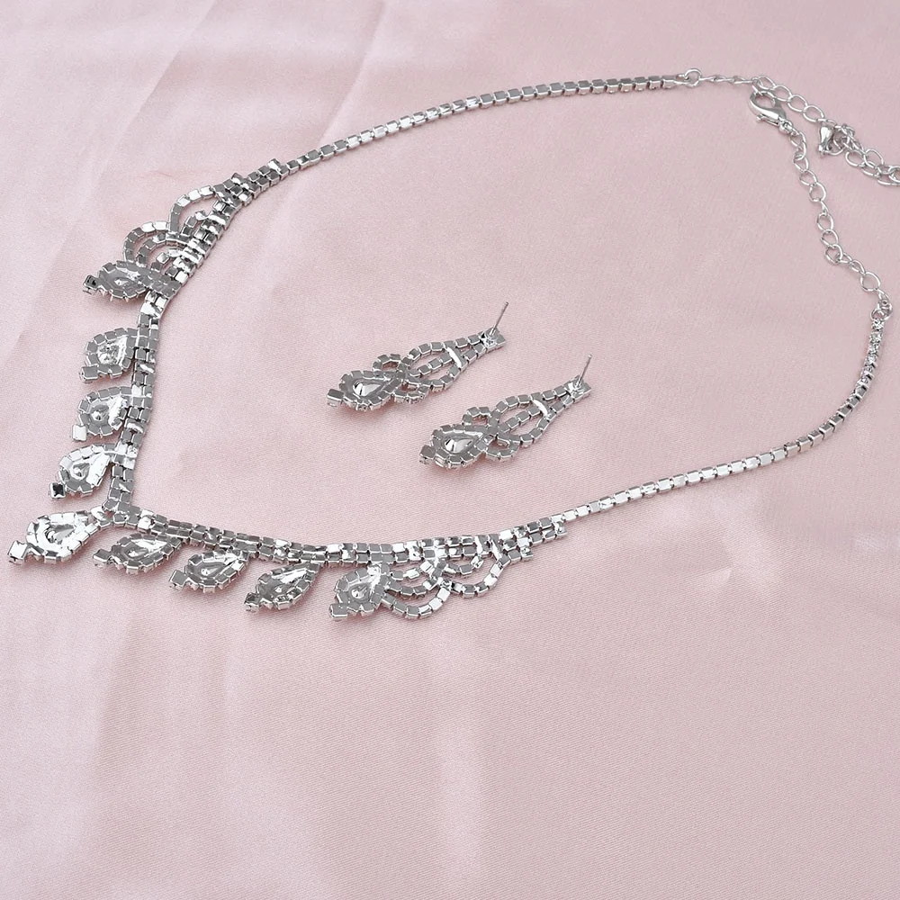  Brand Elegant Rhodium Rhinestone Necklace Earring Jewelry Set Bridal