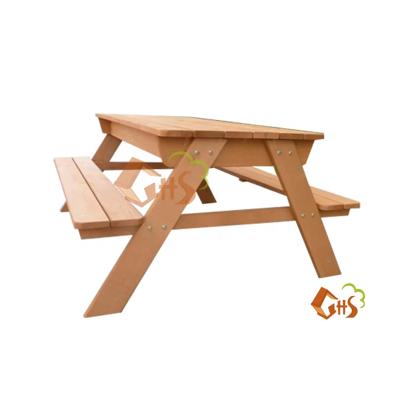 Children fir wood picnic table  with fabric umbrella and water basin plastic sand box