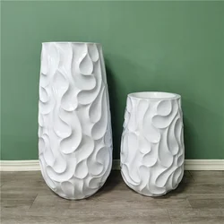 Set of 2 white relief painting fiber cement concrete pots large round shape relief vase for plant home decor