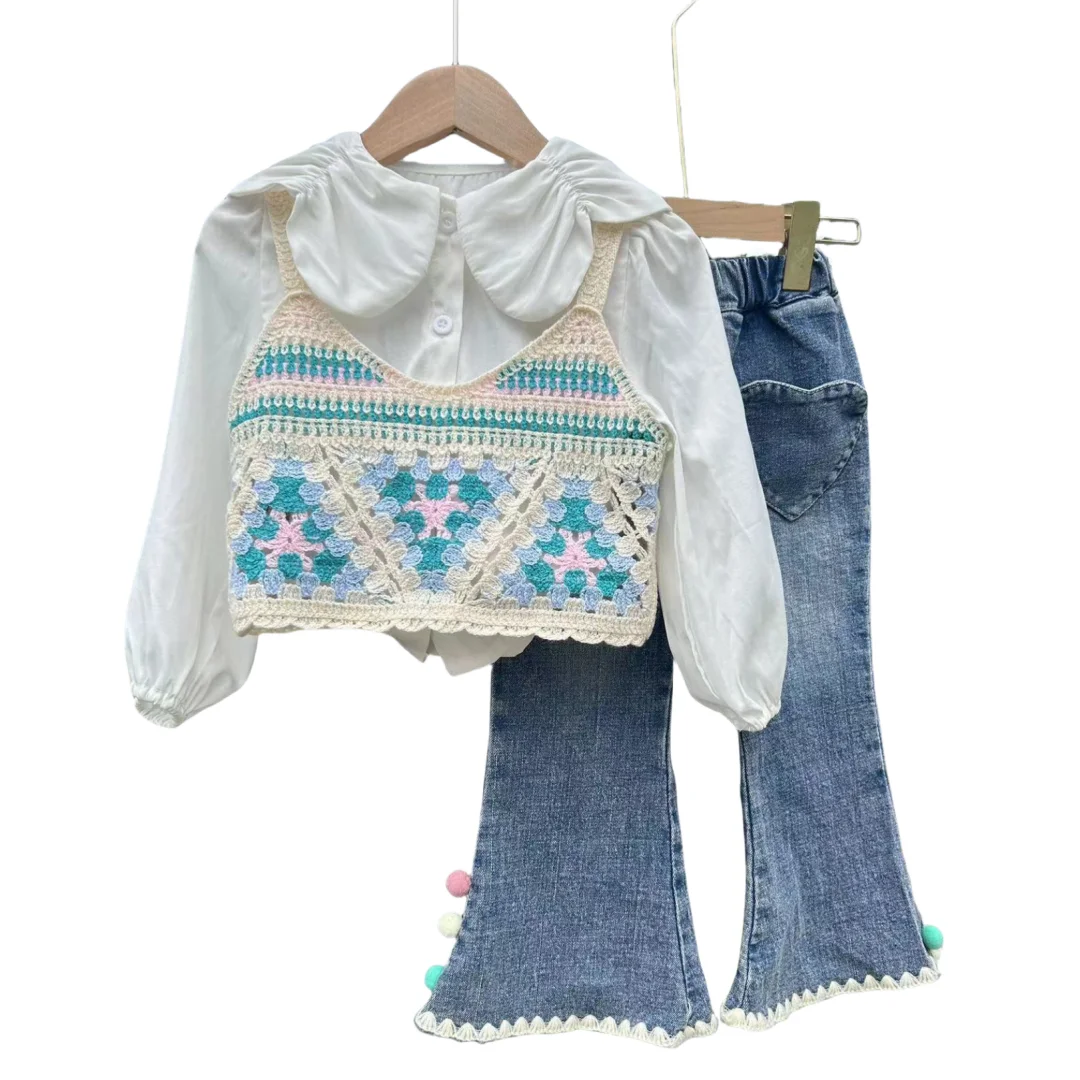 2024 New 3pcs Outfits Sweet Baby Girls Clothing Sets 5 years Casual Blouses knitted Sweater Vest Jeans Autumn Clothing Set