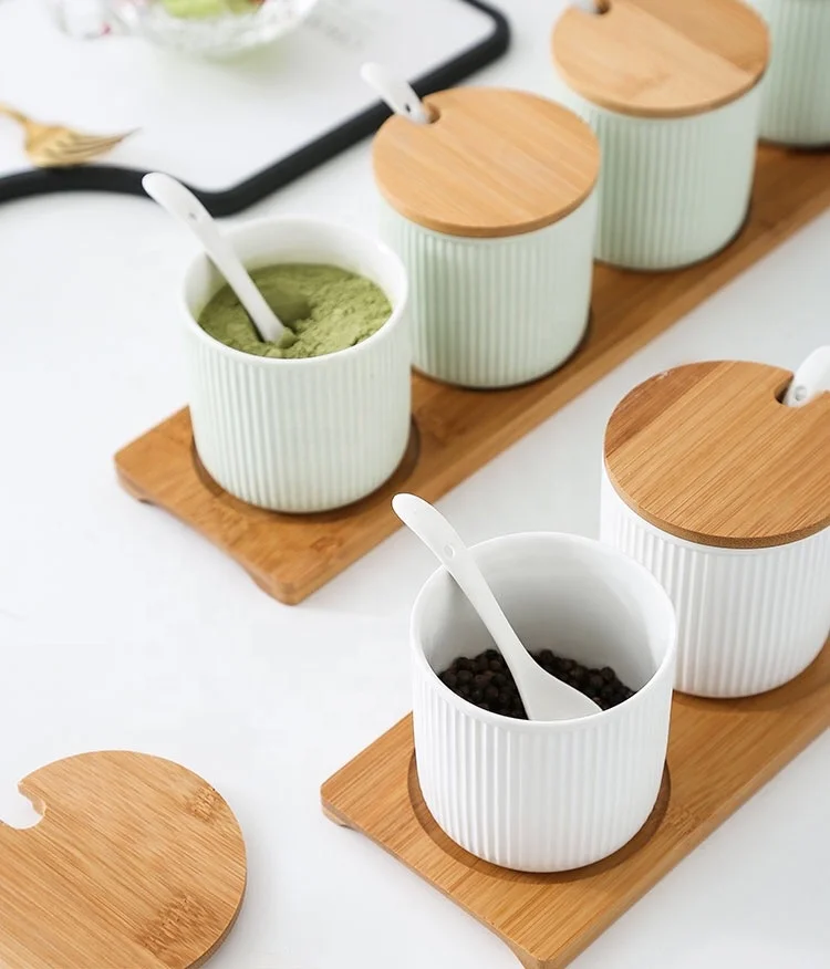 Water Ripple Porcelain Condiment Jar Spice Container With Small Spoon Ceramic Kitchenware 3pcs Spice Jar set with Bamboo Tray