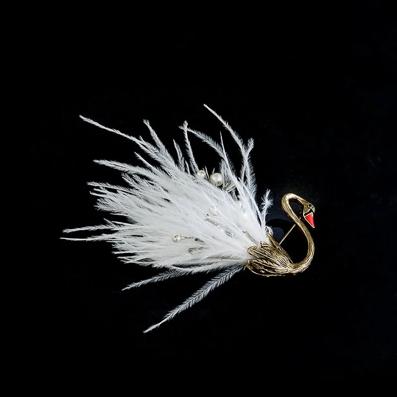 Vintage Elegant Personalized Swan Black Feather Brooches Pin Pearl Real Feather Brooch For Women