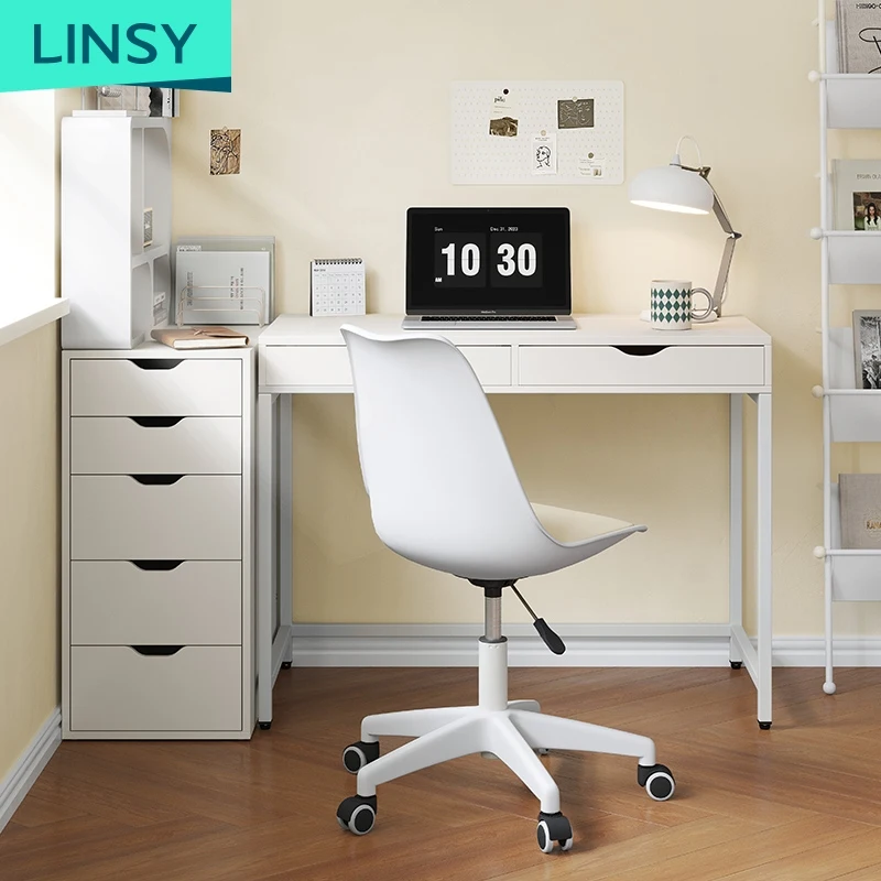 LINSY Computer desk with 2 drawer study table desk computer white writing desk