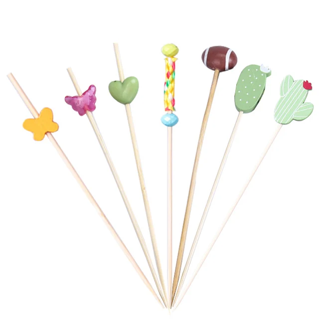 High quality disposable party colorful skewers flat paddle bamboo food pick bamboo stick skewers