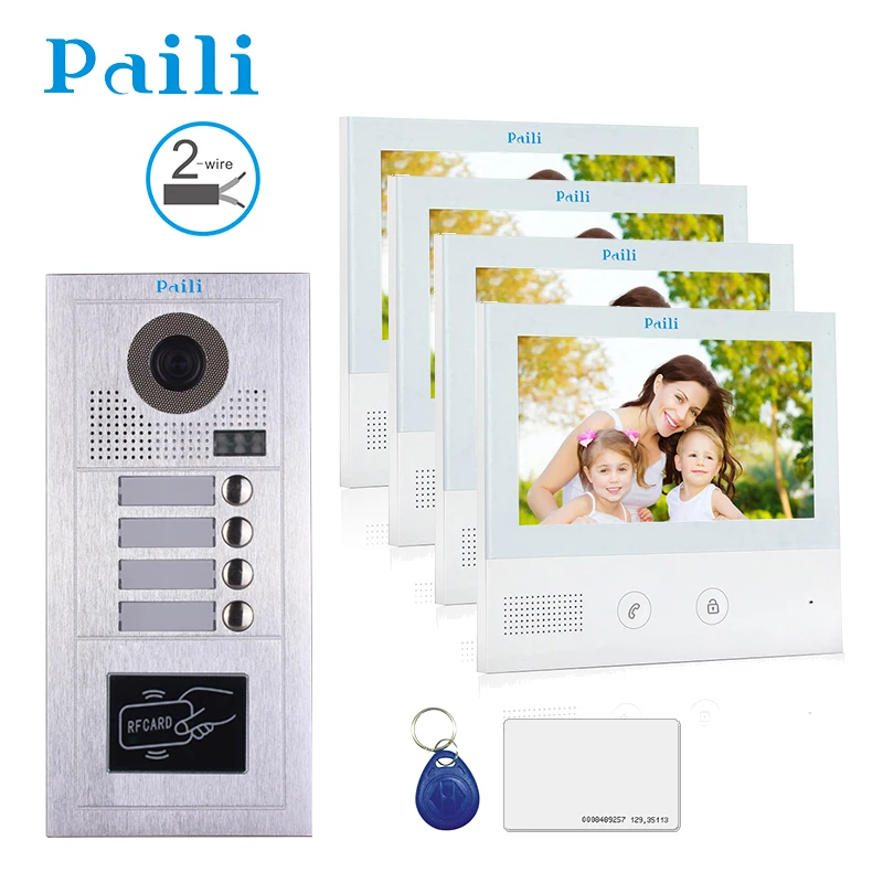 4 Monitors 1 Camera Four Apartments Wired Video Door Phone Audio Visual Intercom System RFID Doorbell