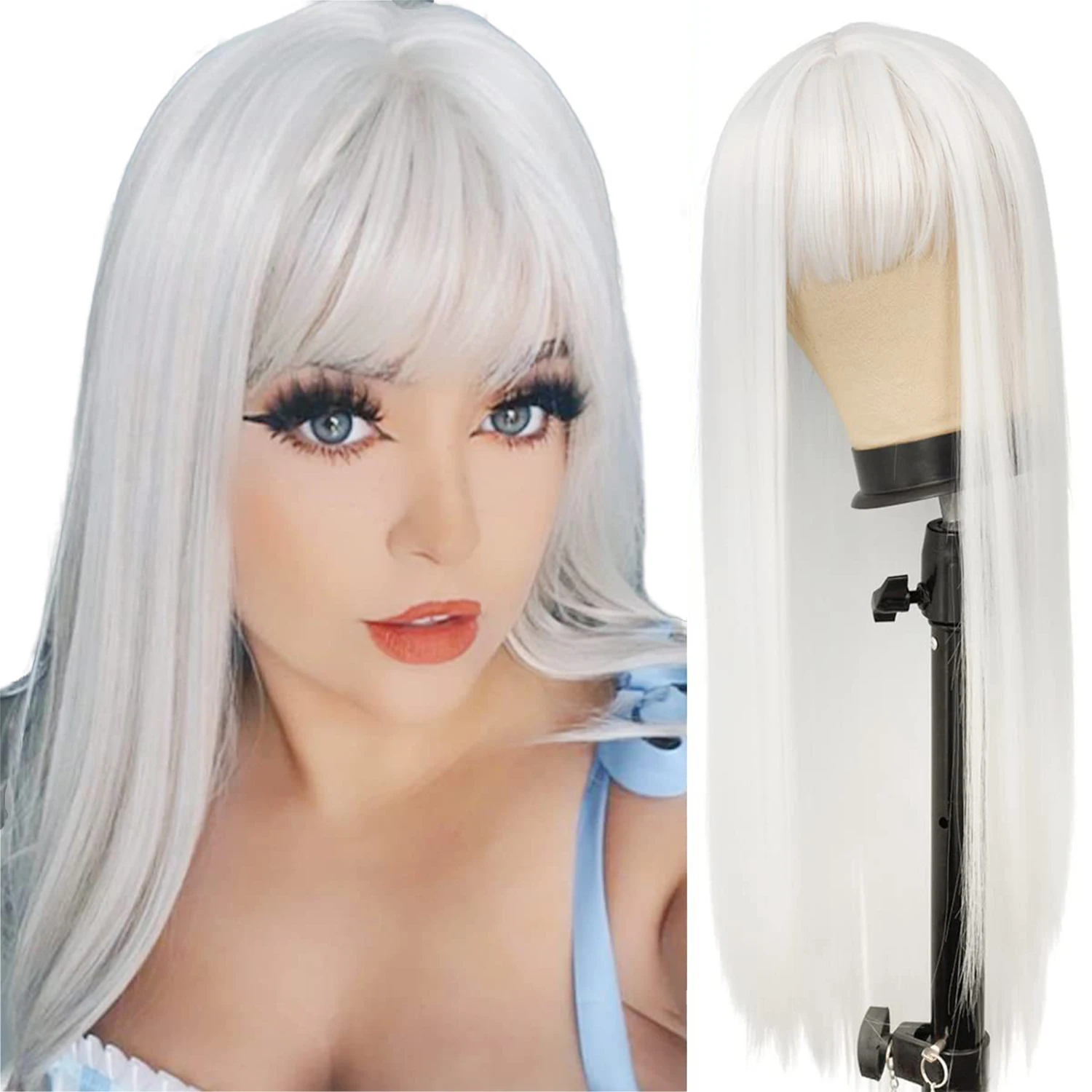 Premium Pink Red Green Blonde Long Straight Colorful Heat Resistant Fiber Cosplay Wig With Bangs Synthetic Hair Wigs For Women