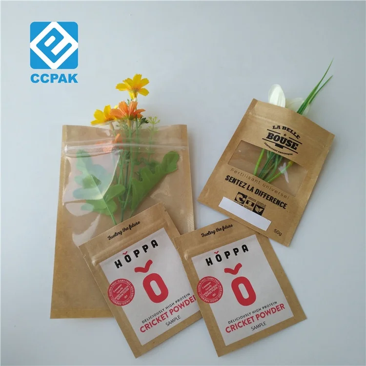 Eco Friendly Food Grade Kraft Paper Zipper Bag Three Side Sealed Sugar Sachet For Tea leaves protein Powder Sample/candy/pill