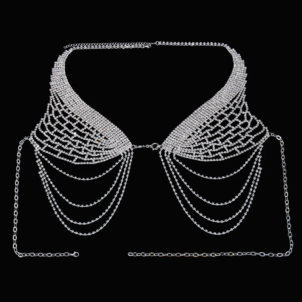 Crystal Set Women Body Chain Statement Charming Rhinestone Body Jewelry Bra Thong Panties Party Bralette Chain
