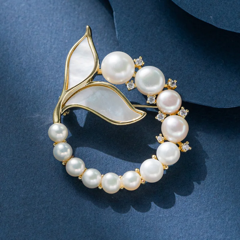 XILIANGFEIZI Natural Freshwater Pearl Sea Shell Mother Shell Mermaid Tail Ring Brooch Elegant Stylish Chic Gift