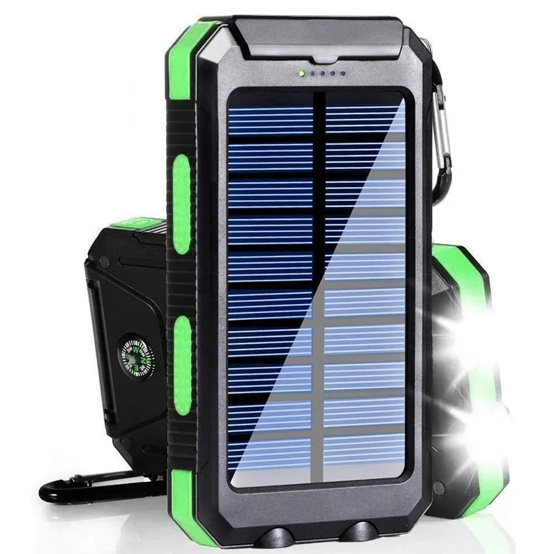  Солнечный внешний аккумулятор водонепроницаемый 20000mAh Солнечное зарядное устройство USB порты Внешнее Powerbank со светодиодной