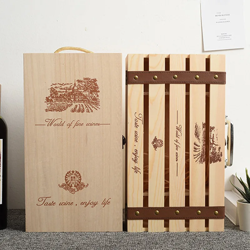 Custom logo double container portable wooden wine box 750ml 25oz red wine bottle packaging wooden box wine storage gift box