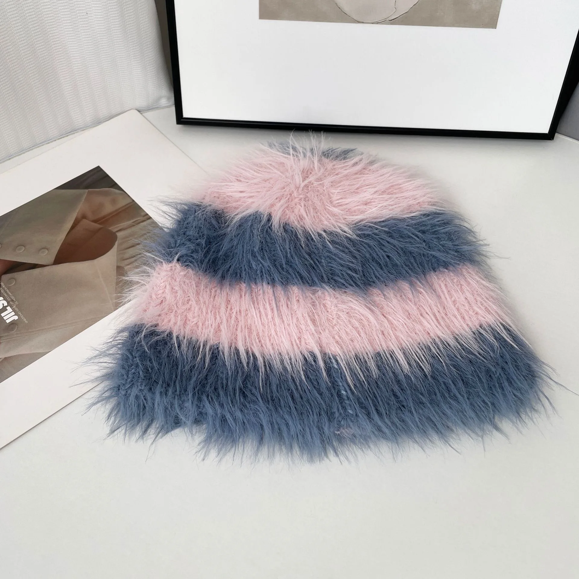 2024 New Winter Hats For Women Mink Hair Thick Striped Hat Warm In Winter