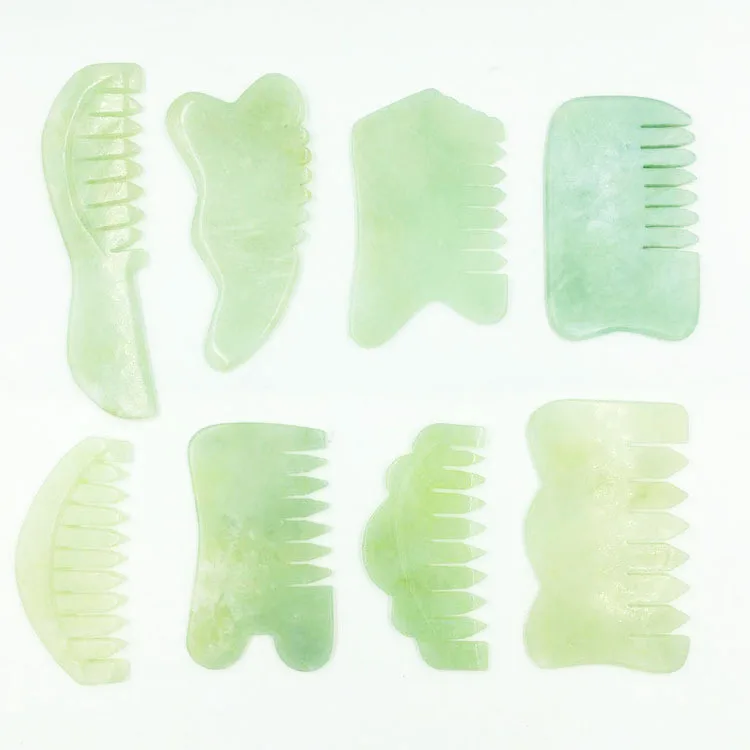 SFM Brand Natural Green Jade Gua Sha Hair Comb Xiuyan Jade Gua Sha Tools with Custom Logo Wide Tooth Comb Face Home Massaging