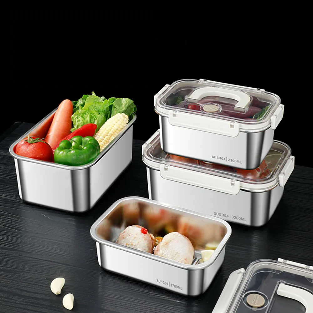 Microwave Oven Safe 304 Rectangle Airtight Lunch Container Fresh Keeping Box with Handle Stainless Steel Food Storage Container