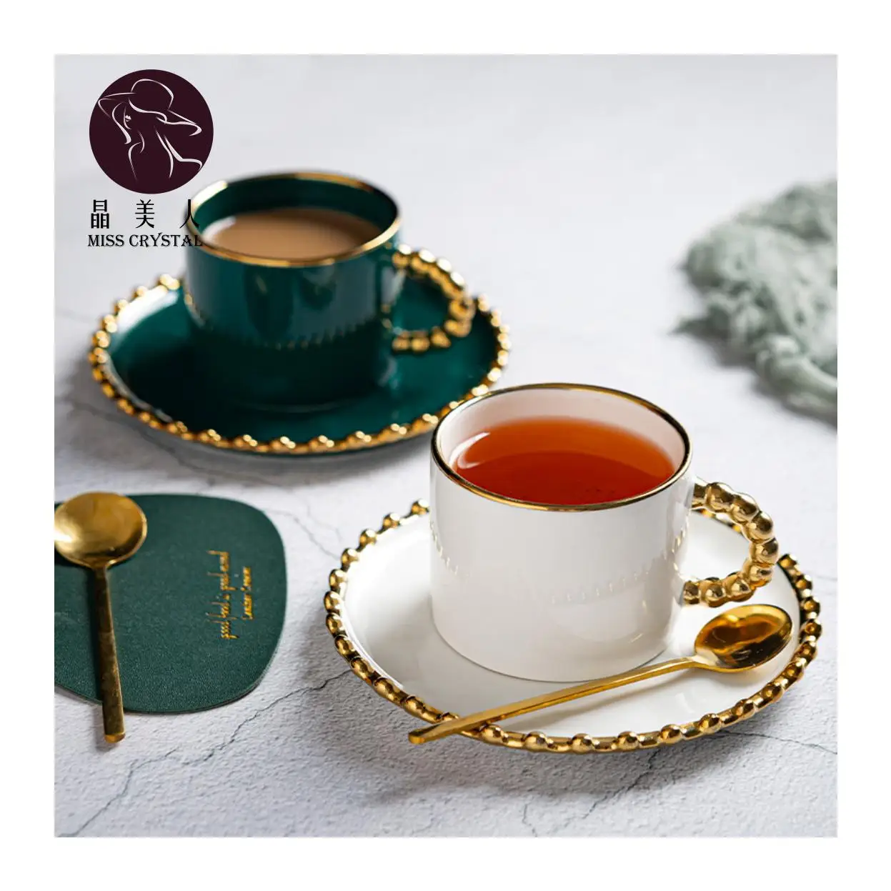 Gold Beaded Ceramic Water Cup European Luxury Coffee Mug Home Exquisite Coffee Cup and Saucer Set