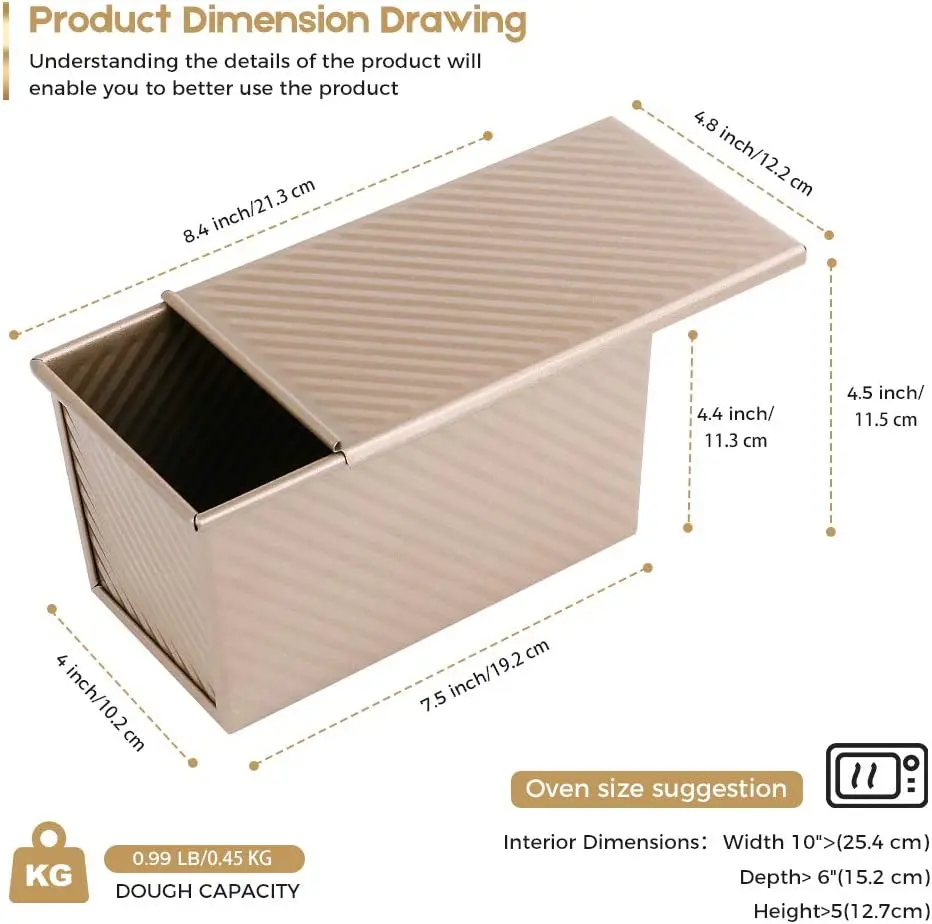 Gold Corrugated Toast Baking Oven Bread Non-Stick Bakeware 1 lb Dough Box Mold Carbon Steel Loaf Pan with Lid