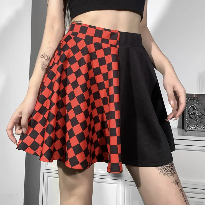 Punk Skirt Gothic Plaid A Line Mini Skirts Harajuku Streetwear Sexy Plaid Patchwork Skirt E Girl Grunge Y2K Club Wear