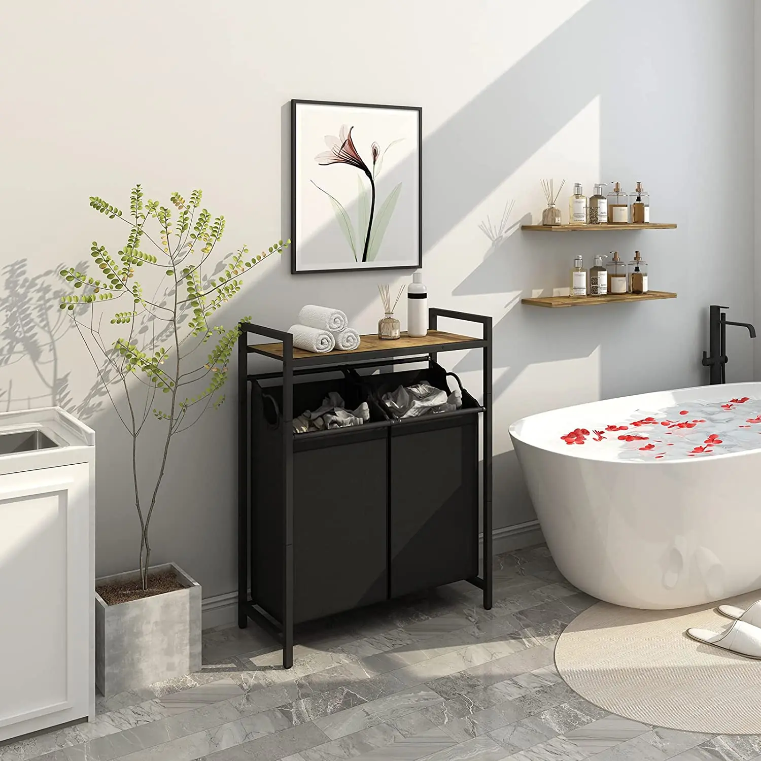 Double Laundry Hamper with Top Shelf, Two-Color Tall Laundry Basket with 2 Removable Laundry Sorter Bags