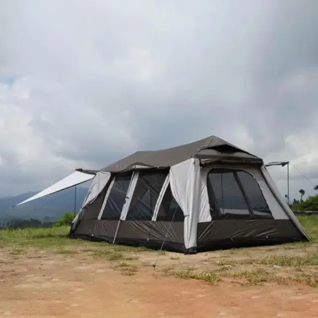 high quality Outdoor Automatic Aluminum Waterproof black coated 2 room 1 Living Room Big Family Camping Tent for 8 10 12 Person