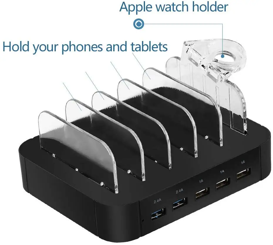 Charging Station 5 Port Cell Phone USB Hub Charger Dock Station Organizer Quick Charge Multi Port Phones Electronic Device