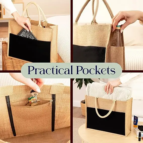 Promotional Eco Travel Bridesmaids Birthday Gift Shopping Reusable Burlap Black Tote Cheap Jute Bags