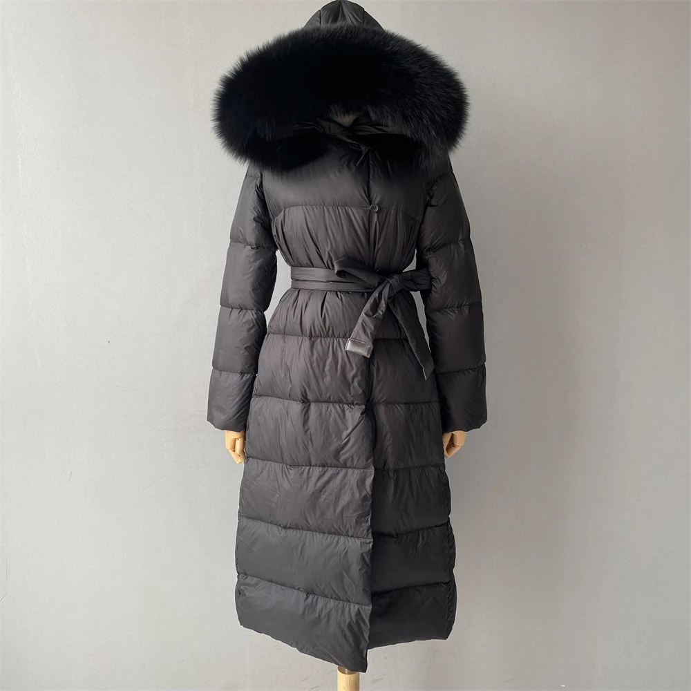 Windproof Warm Soft Slim Style Feather Down Puffer Coat Hoodie Luxury Real Fur Collar Custom Logo Winter Women Long Down Coat