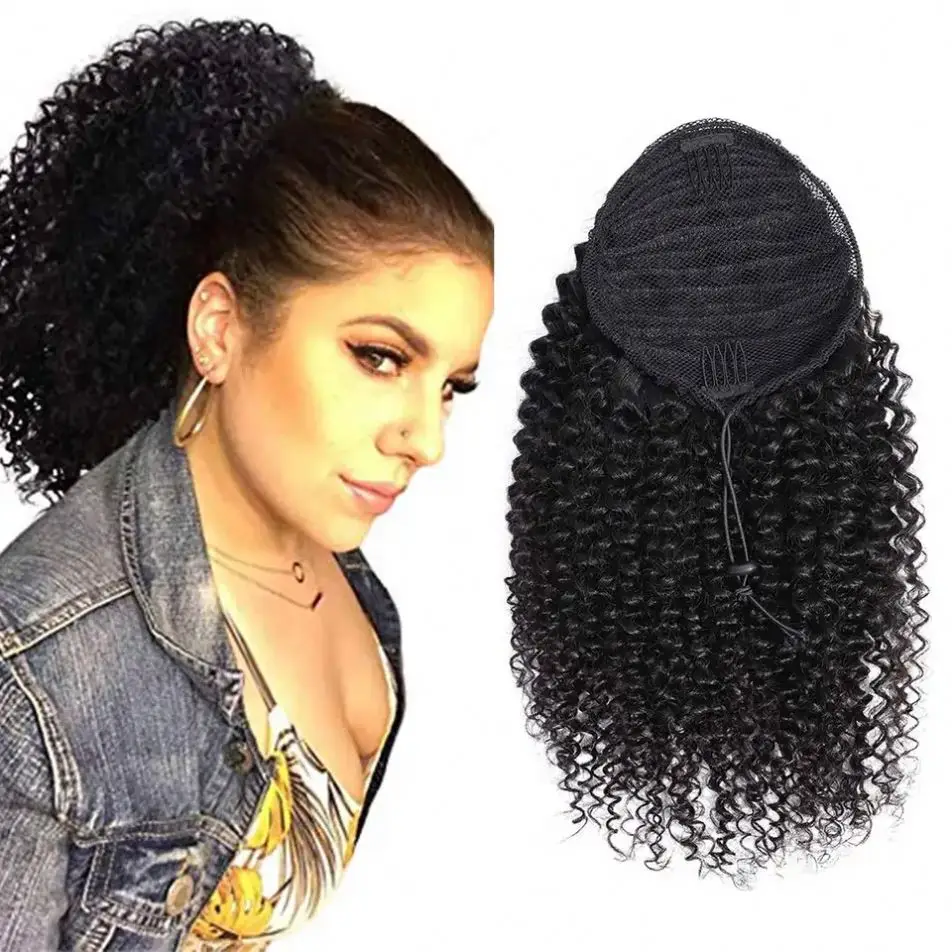 Wholesale Kinky Curly style Ponytail Wrap Drawstring 100% natural raw virgin Human Hair Natural Black Color Ponytail Extensions