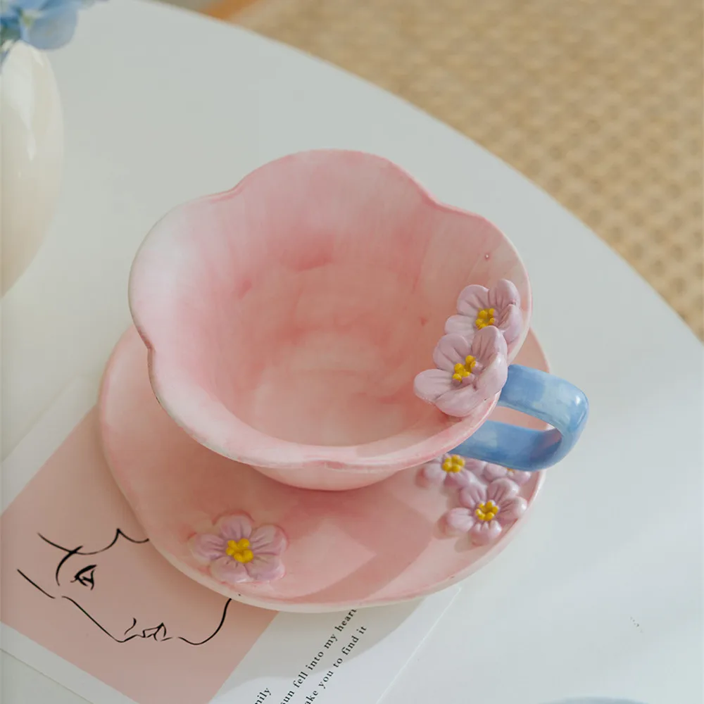 High face value simple Korean petal Coffee cup dish set matte hand-painted three-dimensional relief Mug wholesale