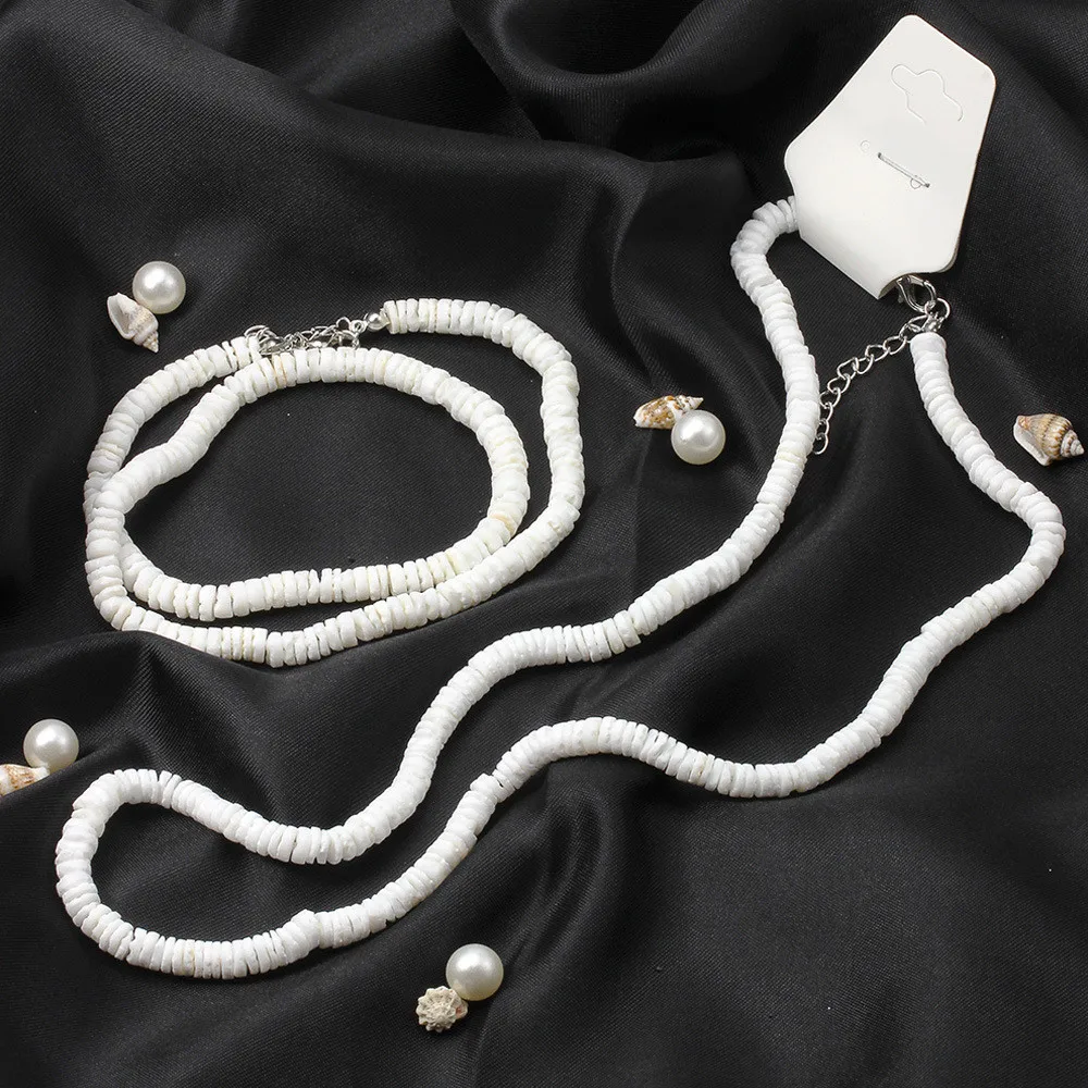 Hawaiian Surfer Statement Puka Jewelry Natural White Sea Shell Necklace Summer Beach Conch Bracelet For Women Men