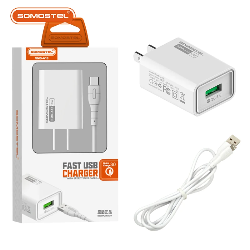 SOMOSTEL SMS-A18 QC3.0 18W 2 IN 1 FAST TRAVEL CHARGER + USB CABLE  US;EU   White