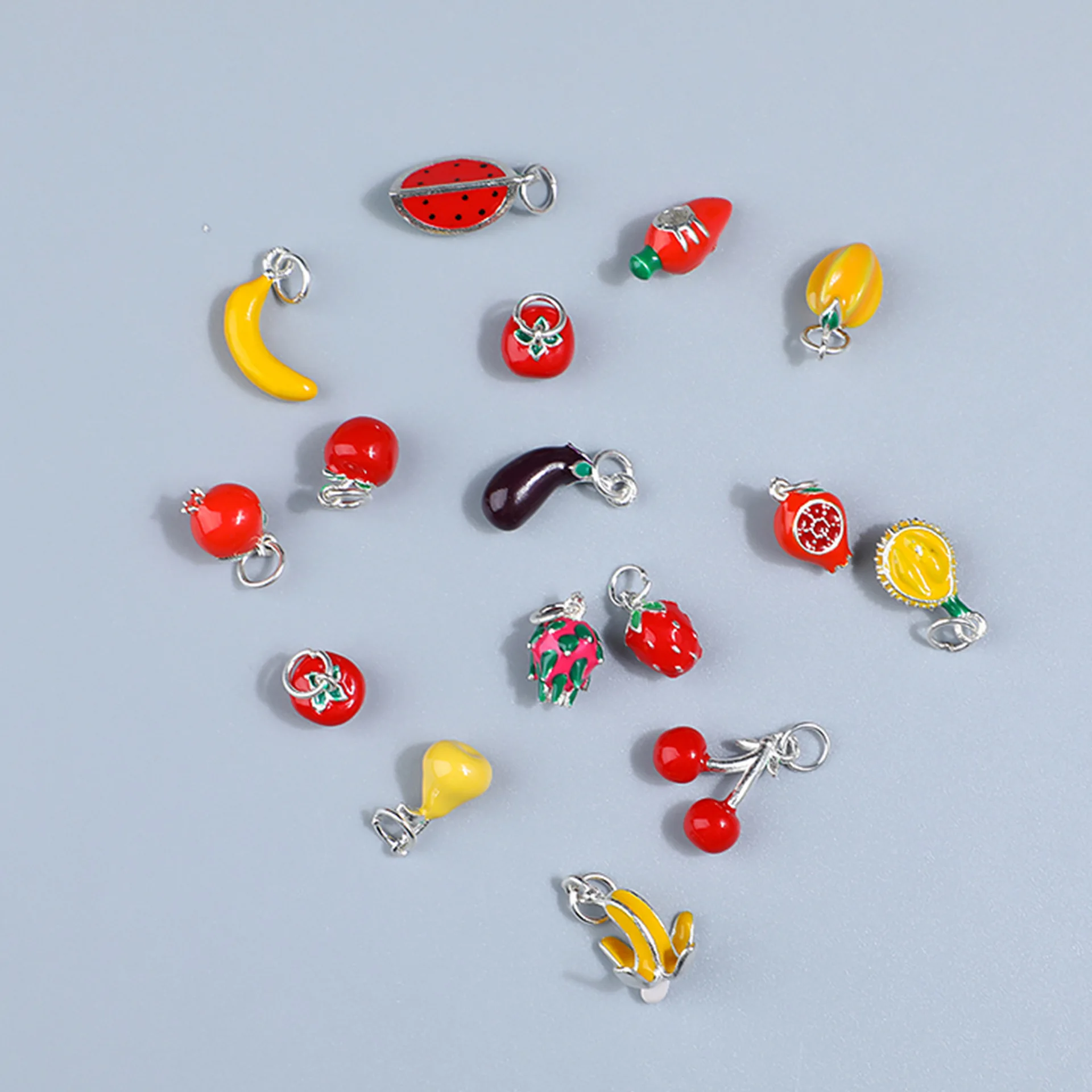 Cute S925 Sterling Silver Pendant Dropping Gum Fruit Strawberry Dragon Fruit Apple Pendant For DIY Bracelet Necklace Accessories