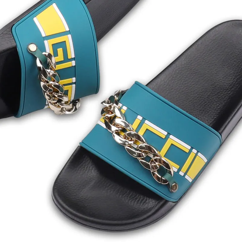 Big Golden Chain Wholesale Oem Custom Small Moq Slide Slippers Slides Custom Logo Luxury Rubber 3d Custom Slides