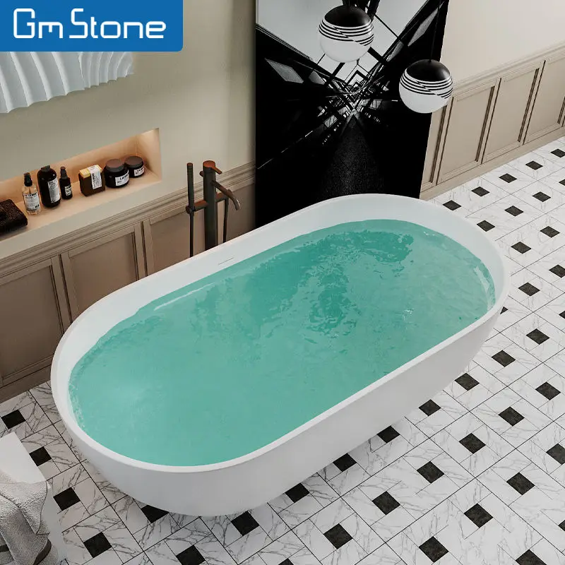 Bathtub Oval Composite Resin Surface Bath Tub Freestanding Artificial Stone New Hot Tub Solid Modern Gemei Drainer 5 Years 1.5m