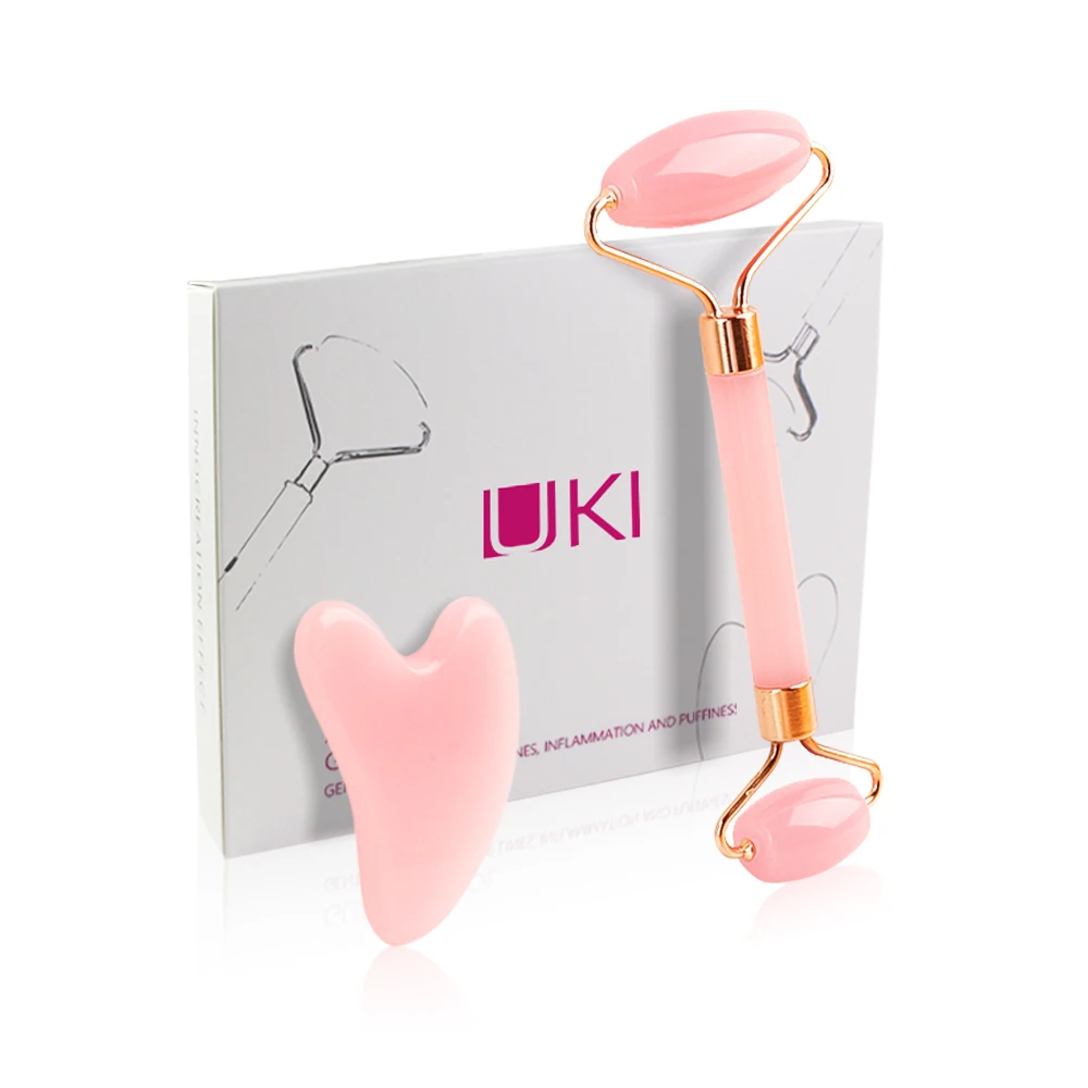 New 3 in 1 Natural Stone Face Beauty Anti Aging Facial Massage Jade Roller Gua Sha Set Complimentary hair ties