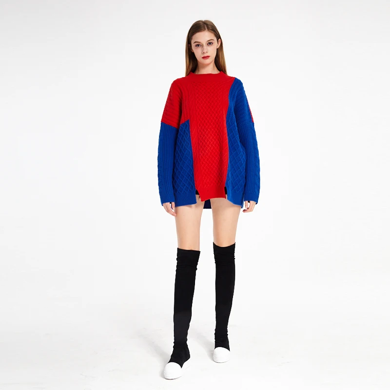 
RENI red blue contrast color wide version loose irregular hem round neck long sleeve commuter casual fashion pullover 