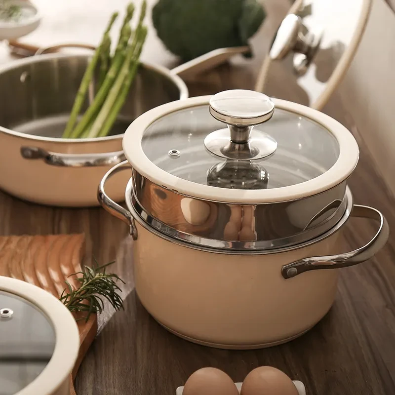 Kitchen Stainless Steel 304 Soup Sauce Pot Cook pots and pans Ceramic Paint Stainless Steel Cooking Pot Sets with Glass Lid